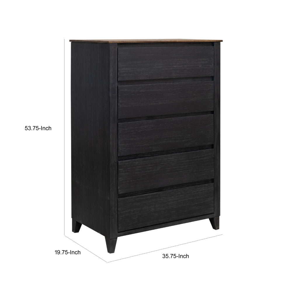 Pie Tall Dresser Chest with 5 Drawers Black Brown Solid Mango Wood By Casagear Home BM319326