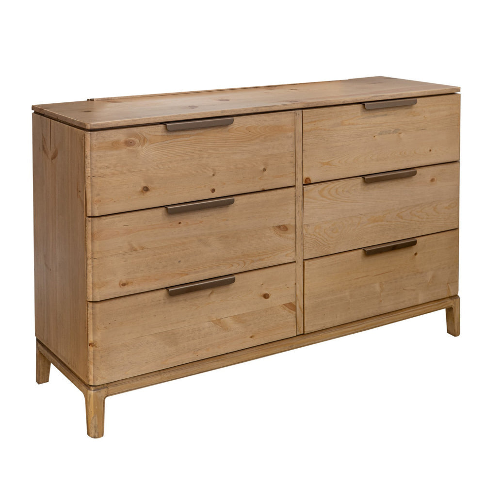 Rosy Wide Dresser, 6 Drawers, Metal Handles, Brown Solid Pine Wood Finish By Casagear Home