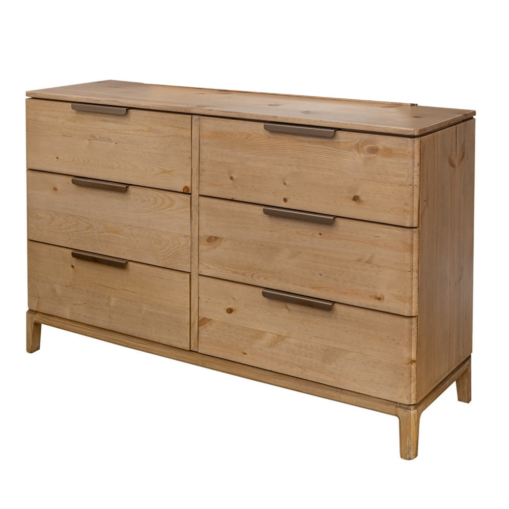 Rosy Wide Dresser 6 Drawers Metal Handles Brown Solid Pine Wood Finish By Casagear Home BM319333