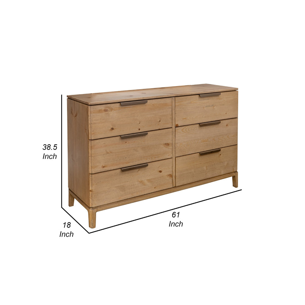 Rosy Wide Dresser 6 Drawers Metal Handles Brown Solid Pine Wood Finish By Casagear Home BM319333