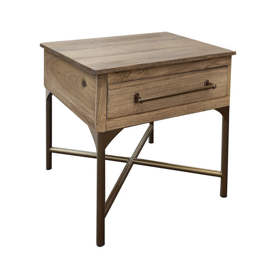 Bera 23 Inch Side End Table with Drawer, Farmhouse Brown Solid Wood, Bronze By Casagear Home