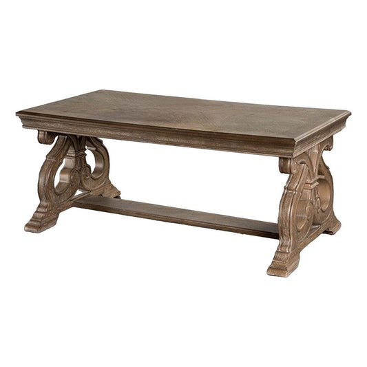 Gia Coffee Table, 52 Inch Rectangular Top, Carved Details, Brown Solid Wood By Casagear Home