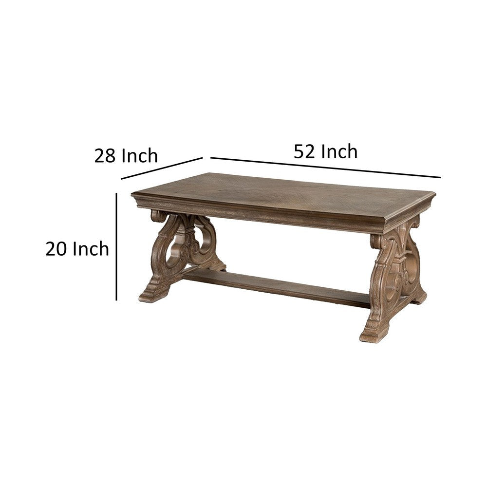 Gia Coffee Table 52 Inch Rectangular Top Carved Details Brown Solid Wood By Casagear Home BM319504