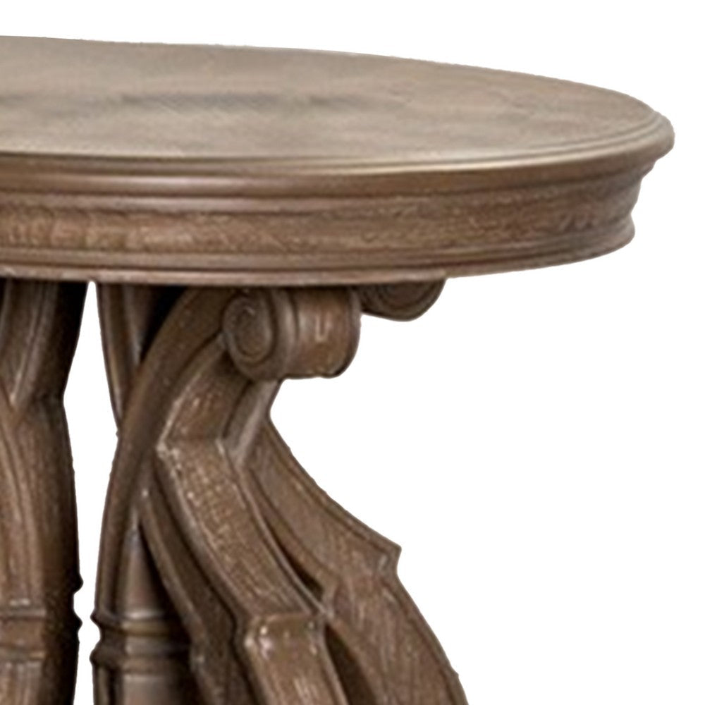 Gia Side End Table 27 Inch Round Top Carved Details Brown Solid Wood By Casagear Home BM319505