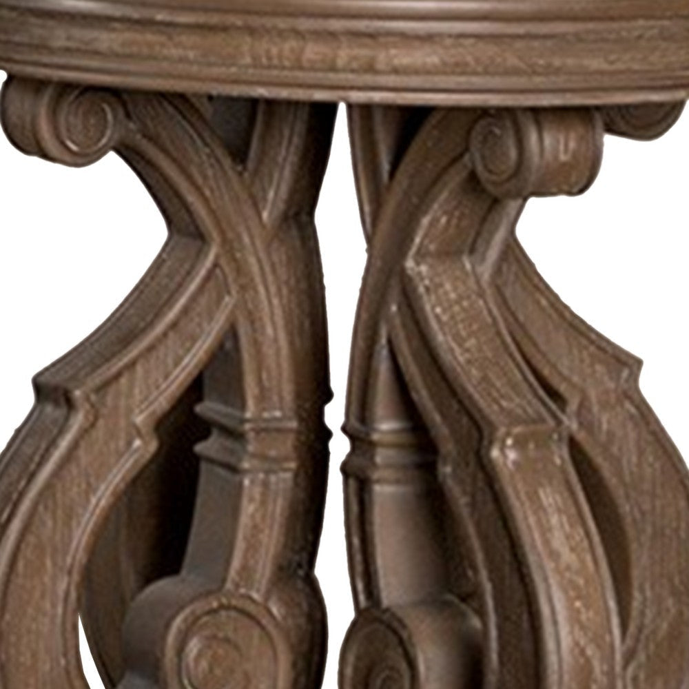 Gia Side End Table 27 Inch Round Top Carved Details Brown Solid Wood By Casagear Home BM319505