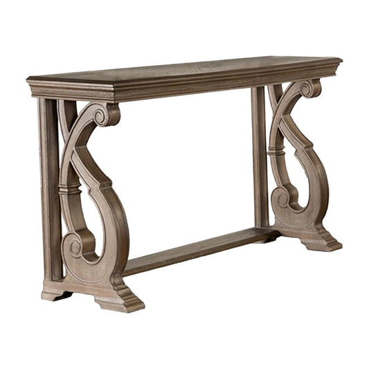 Gia Sofa Table, 50 Inch Rectangular, Carved Details, Brown Solid Wood By Casagear Home