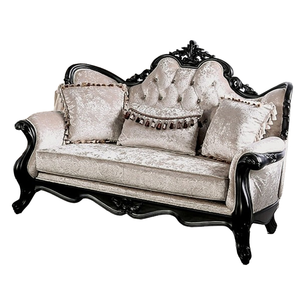 Paulo Loveseat, Off White Fabric, Carved Details, Black Solid Wood, 71 Inch By Casagear Home