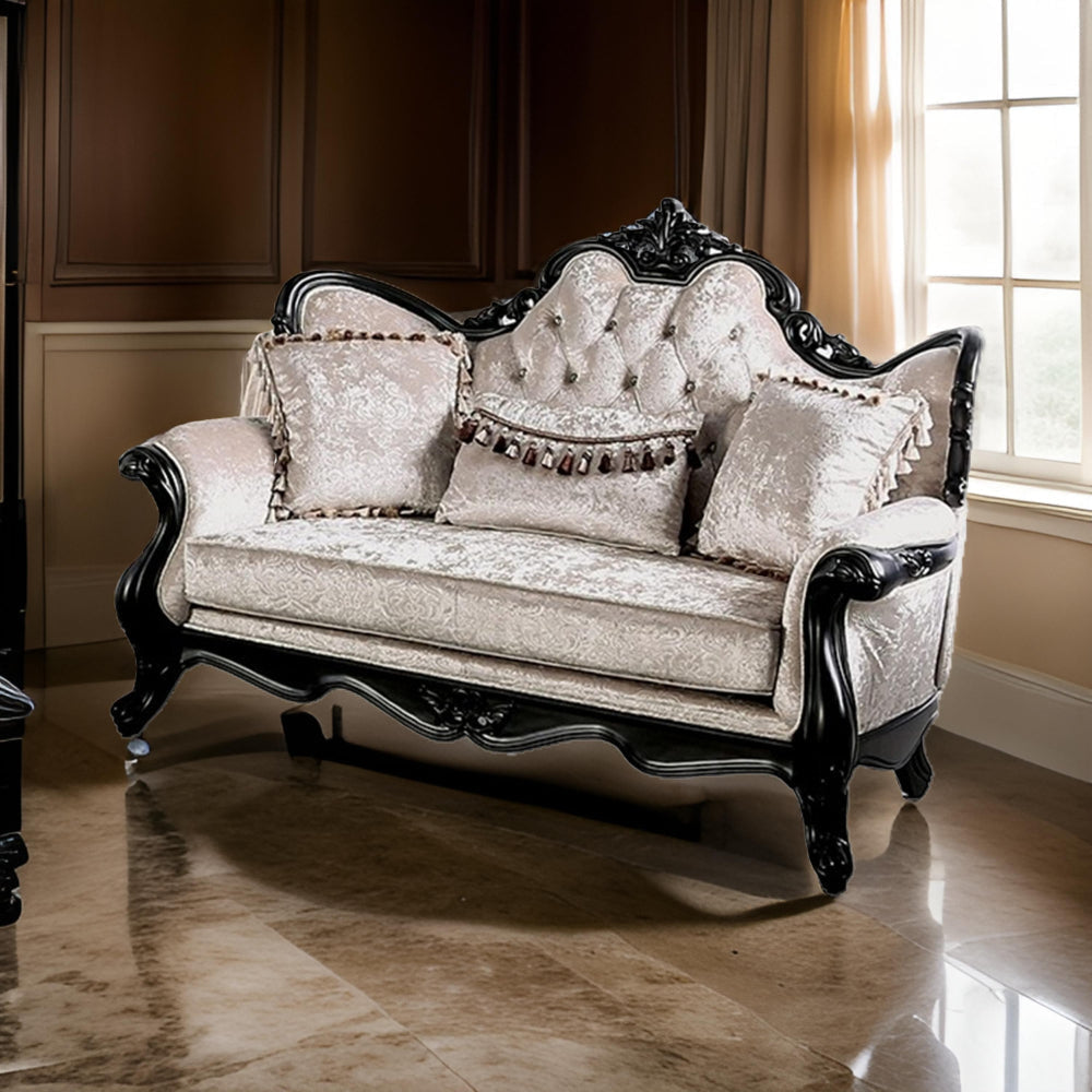 Paulo Loveseat Off White Fabric Carved Details Black Solid Wood 71 Inch By Casagear Home BM319510