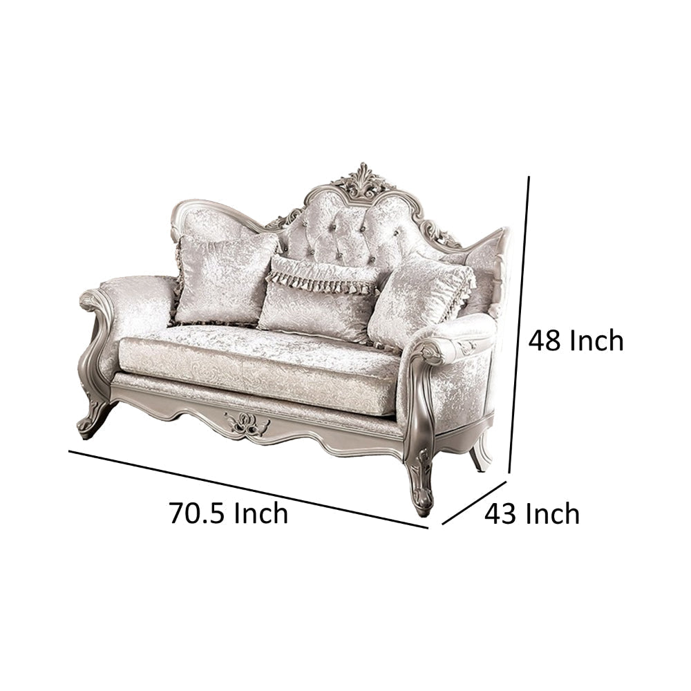 Paulo 71 Inch Loveseat Off White Fabric Carved Details Silver Solid Wood By Casagear Home BM319512