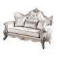 Paulo 71 Inch Loveseat, Off White Fabric, Carved Details, Silver Solid Wood By Casagear Home