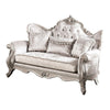 Paulo 71 Inch Loveseat, Off White Fabric, Carved Details, Silver Solid Wood By Casagear Home