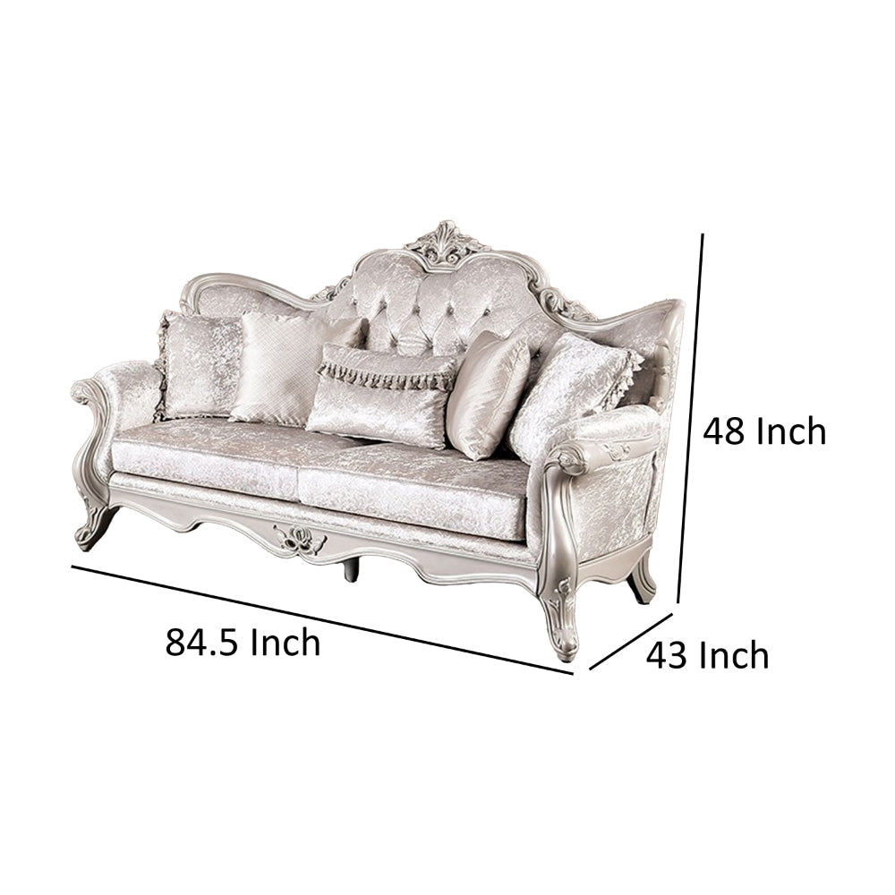 Paulo 85 Inch Sofa Off White Fabric Carved Silver Solid Wood Frame By Casagear Home BM319513