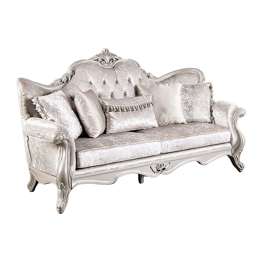 Paulo 85 Inch Sofa, Off White Fabric, Carved Silver Solid Wood Frame By Casagear Home