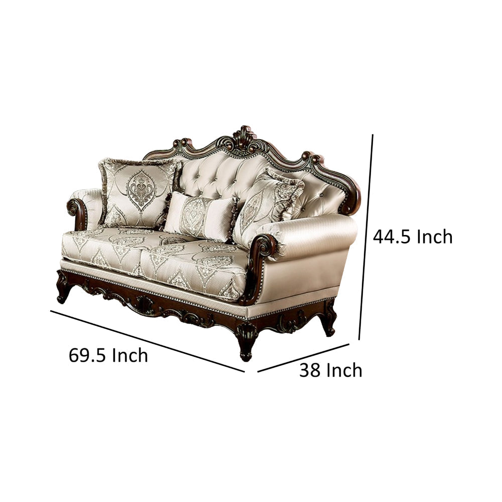 Vera Loveseat Tufted Beige Rolled Arms Cherry Brown Solid Wood 70 Inch By Casagear Home BM319514