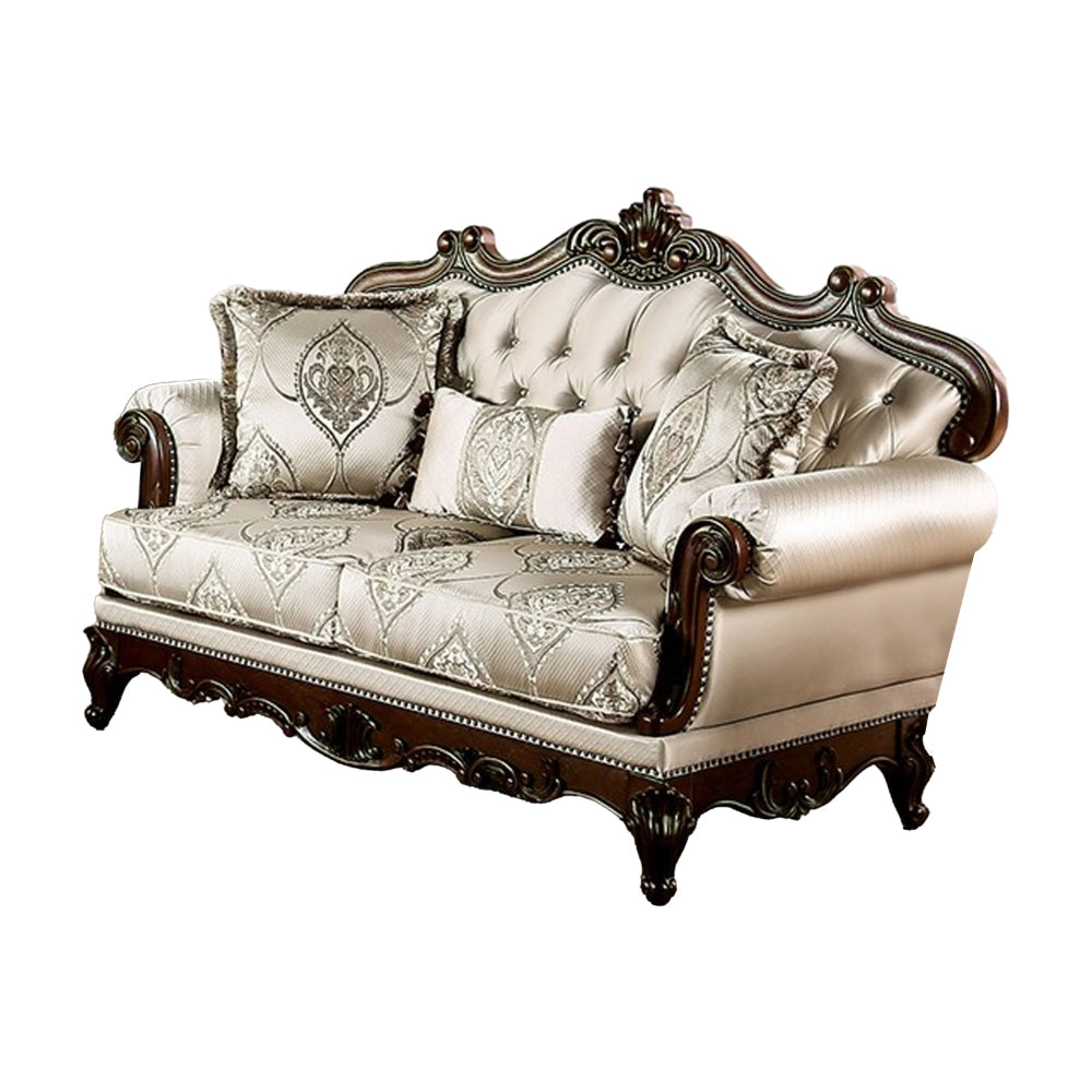 Vera Loveseat, Tufted Beige, Rolled Arms, Cherry Brown Solid Wood, 70 Inch By Casagear Home