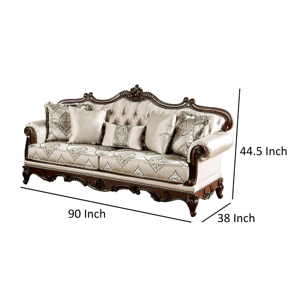 Vera 90 Inch Sofa Button Tufted Beige Rolled Arms Cherry Brown Solid Wood By Casagear Home BM319515