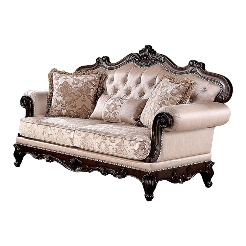 Vera Loveseat, Tufted, Rolled Arms, Cherry Brown Solid Wood, 70 Inch By Casagear Home