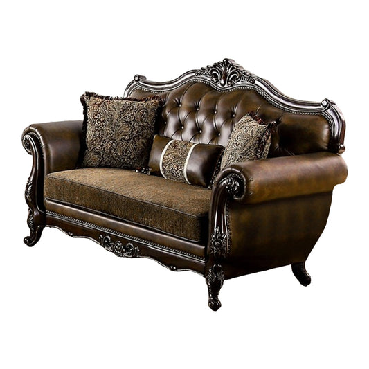 Sena Loveseat, Faux Leather, Rolled Arms, Cherry Brown Solid Wood, 74 Inch By Casagear Home