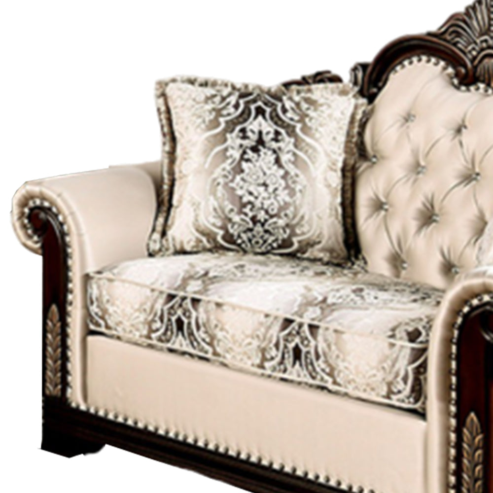 Catie 66 Inch Loveseat Beige Nailhead Trim Cherry Brown Solid Wood By Casagear Home BM319522