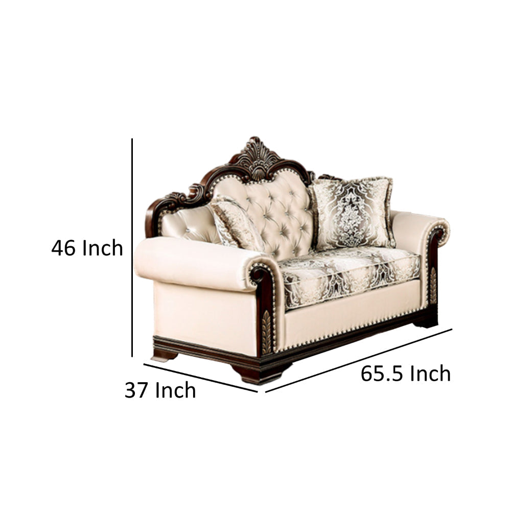 Catie 66 Inch Loveseat Beige Nailhead Trim Cherry Brown Solid Wood By Casagear Home BM319522