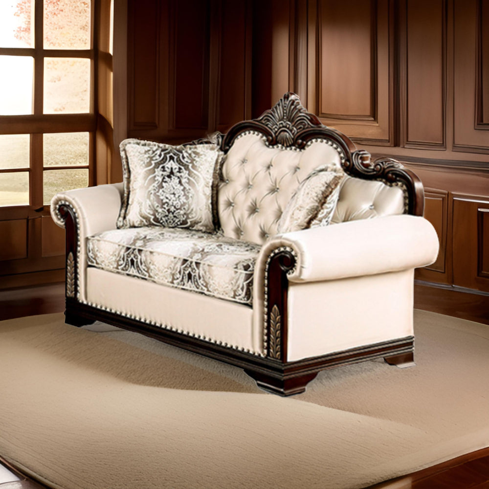 Catie 66 Inch Loveseat Beige Nailhead Trim Cherry Brown Solid Wood By Casagear Home BM319522