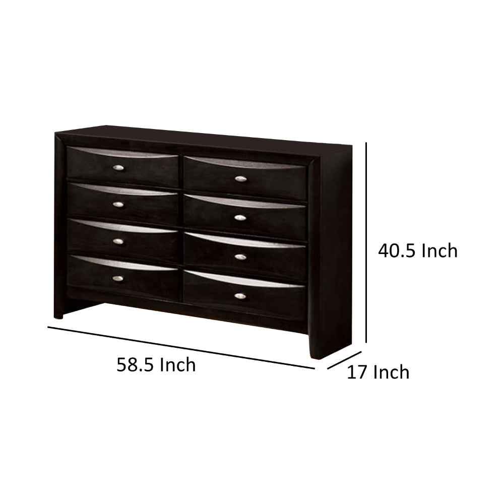 Simo Wide Dresser Spacious Top Metal Knobs 8 Drawers Black Solid Wood By Casagear Home BM319524