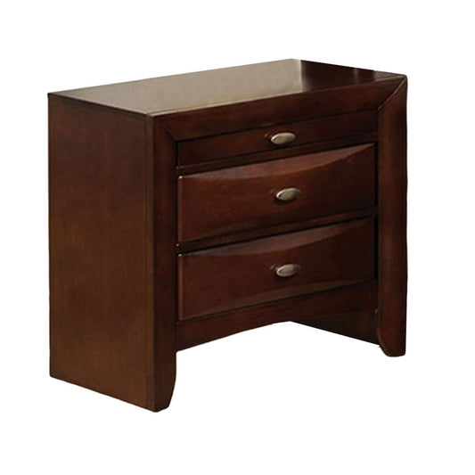 Simo Nightstand, Spacious Top, Nickel, 3 Drawers, Cherry Brown Solid Wood By Casagear Home