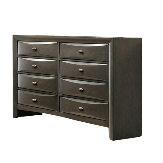 Simo Wide Dresser, Spacious Top, Metal Knobs, 8 Drawers, Gray Solid Wood By Casagear Home