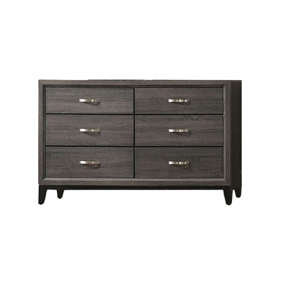 Erica Wide Dresser, 6 Drawers, Spacious Top, Gray Wood, Nickel Handles By Casagear Home