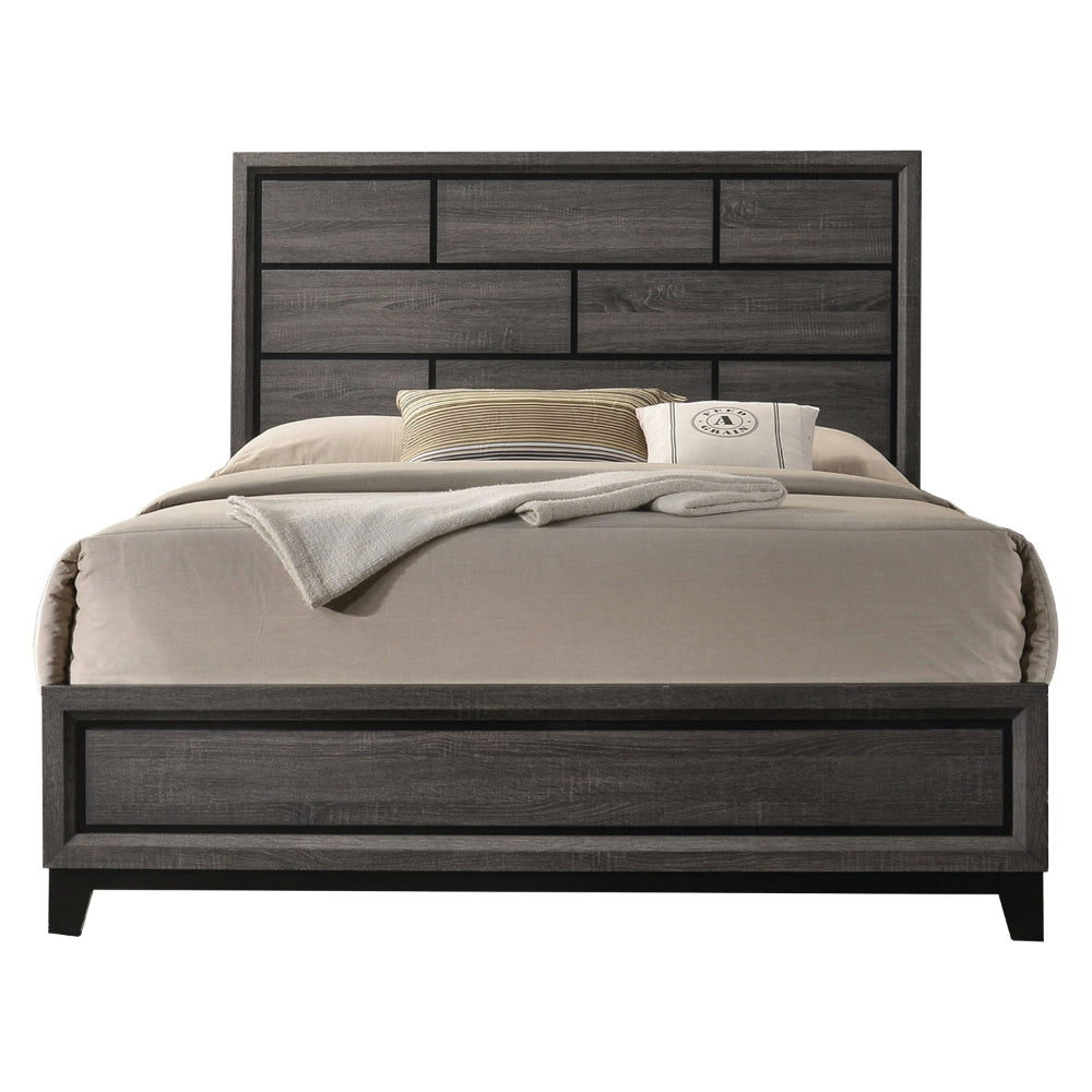 Erica Full Size Bed, Gray and Black Wood Finish, Panel Style Headboard By Casagear Home