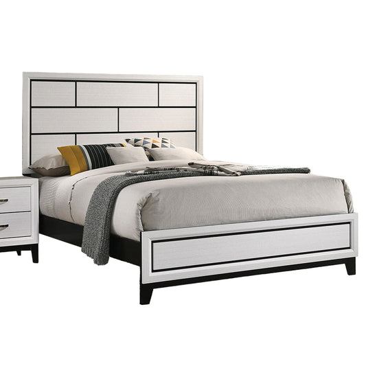 Erica Queen Size Bed, White and Black Wood Finish, Panel Style Headboard By Casagear Home