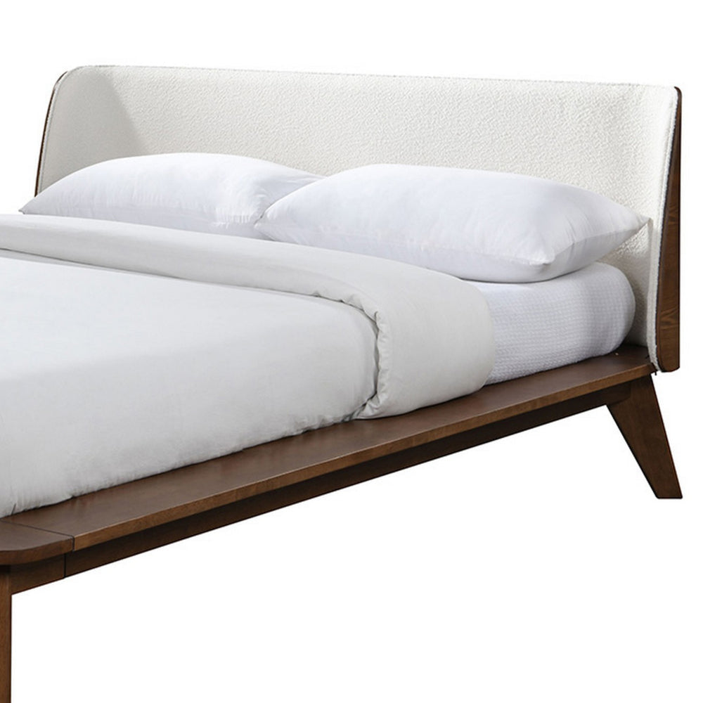 Linzy Queen Bed Beige Boucle Upholstered Winged Edge Brown Solid Wood By Casagear Home BM319548