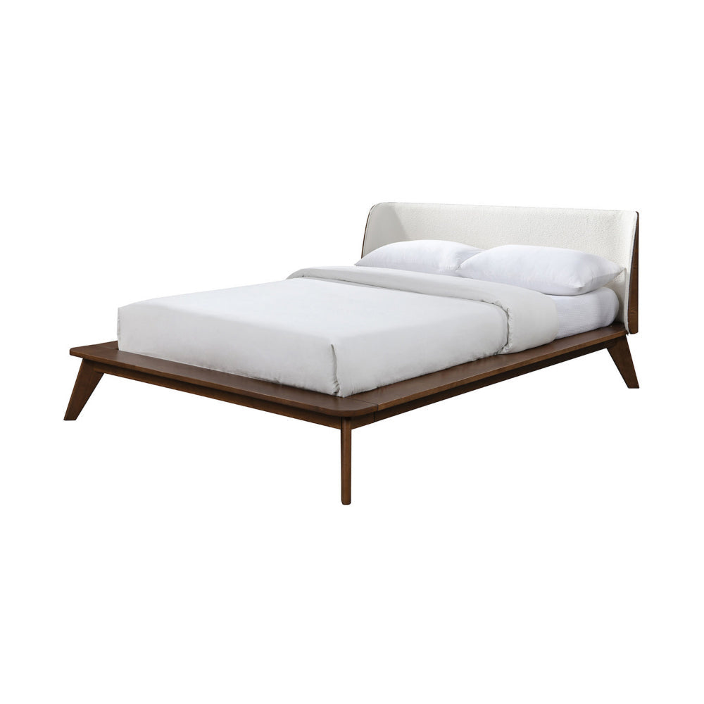 Linzy Queen Bed, Beige Boucle Upholstered Winged Edge, Brown Solid Wood By Casagear Home