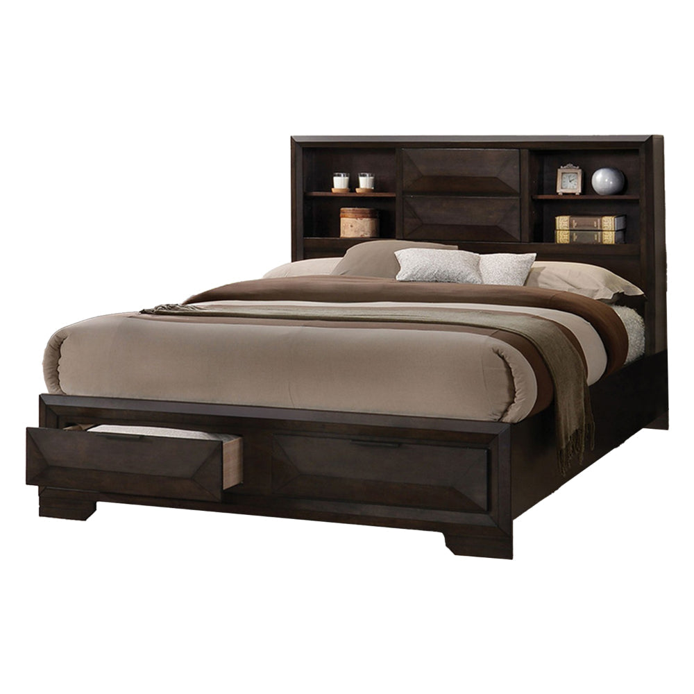 Costa King Size Bed, Bookcase Headboard, 2 Drawers, Dark Brown Solid Wood By Casagear Home