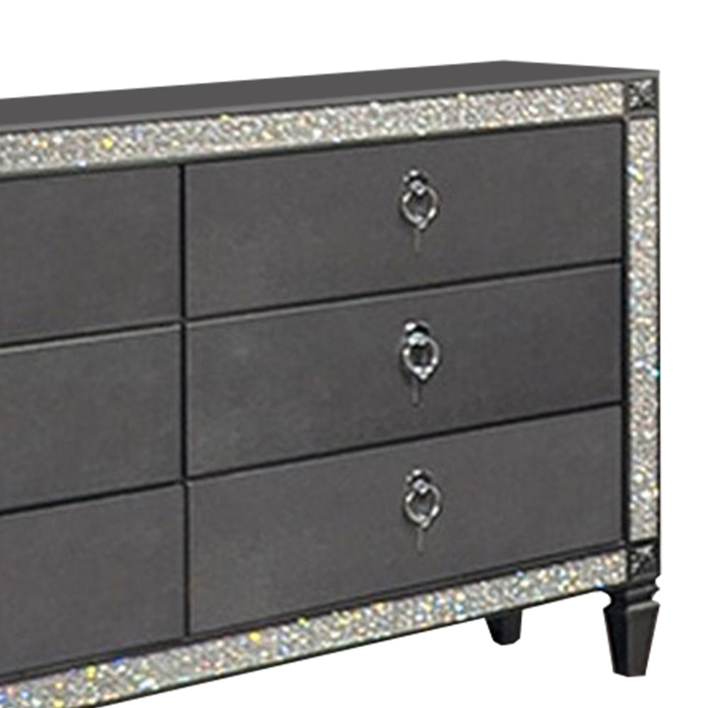 Laine Wide Dresser 6 Drawers Crystal Like Acrylic Trim Gray Solid Wood By Casagear Home BM319551