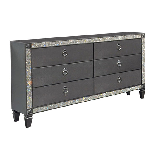 Laine Wide Dresser, 6 Drawers, Crystal Like Acrylic Trim, Gray Solid Wood By Casagear Home