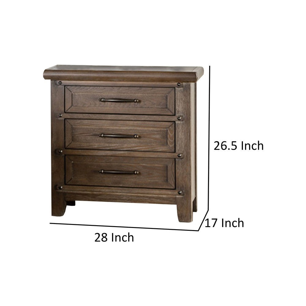 Merry Nightstand Spacious Top 3 Drawers Metal Handles Brown Solid Wood By Casagear Home BM319553