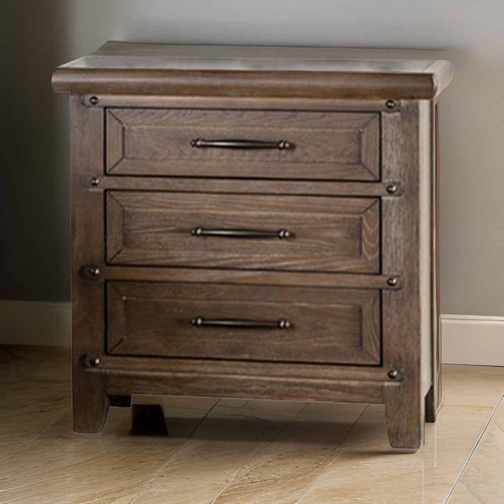 Merry Nightstand Spacious Top 3 Drawers Metal Handles Brown Solid Wood By Casagear Home BM319553