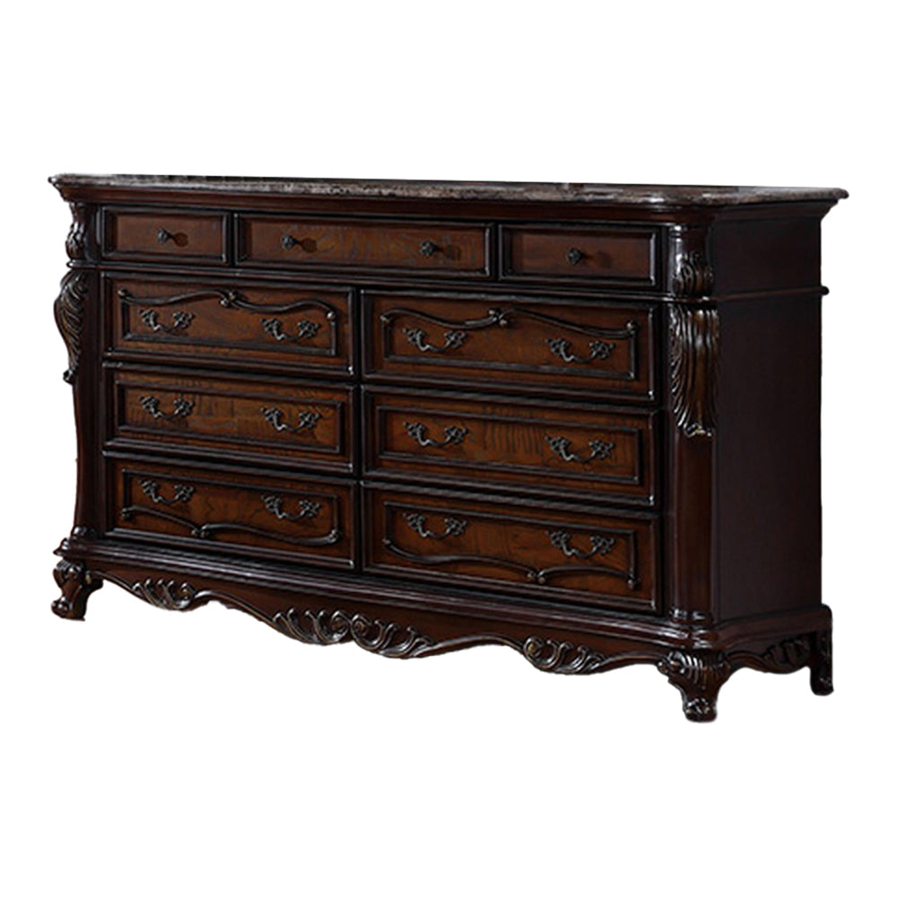 Venta Wide Dresser, 9 Drawers, Carved Details Cherry Brown Solid Wood Frame By Casagear Home