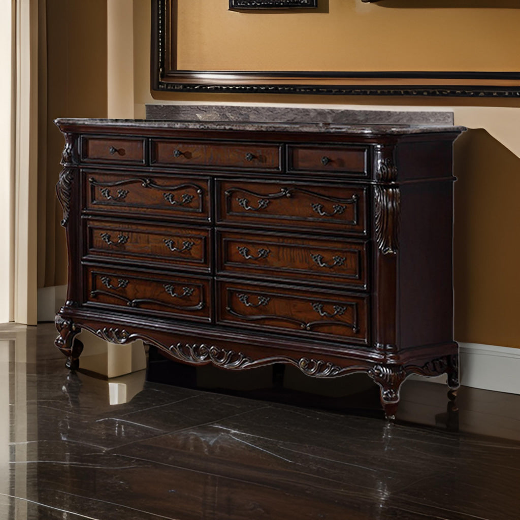 Venta Wide Dresser, 9 Drawers, Carved Details Cherry Brown Solid Wood Frame By Casagear Home