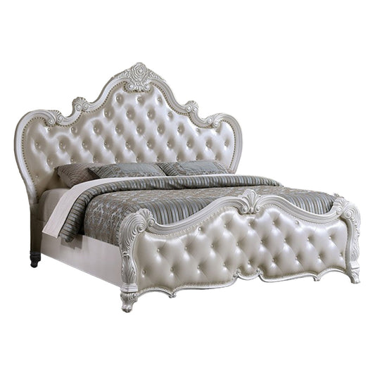 Venta King Size Bed, Pearl White Button Tufted Faux Leather Upholstery By Casagear Home