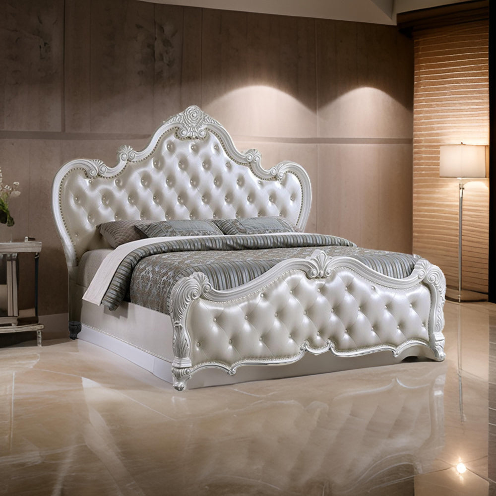 Venta Queen Size Bed Pearl White Button Tufted Faux Leather Upholstery By Casagear Home BM319560