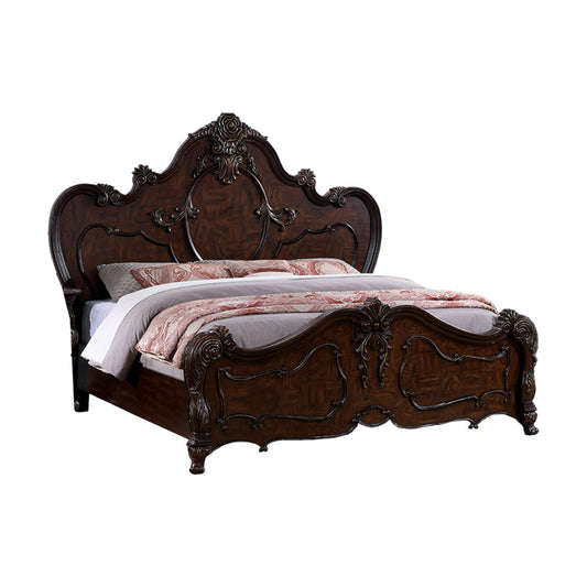 Rosy King Size Bed, Carved Details, Turned Legs, Cherry Brown Solid Wood By Casagear Home