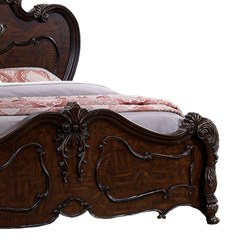 Rosy Queen Size Bed Carved Details Turned Legs Cherry Brown Solid Wood By Casagear Home BM319562