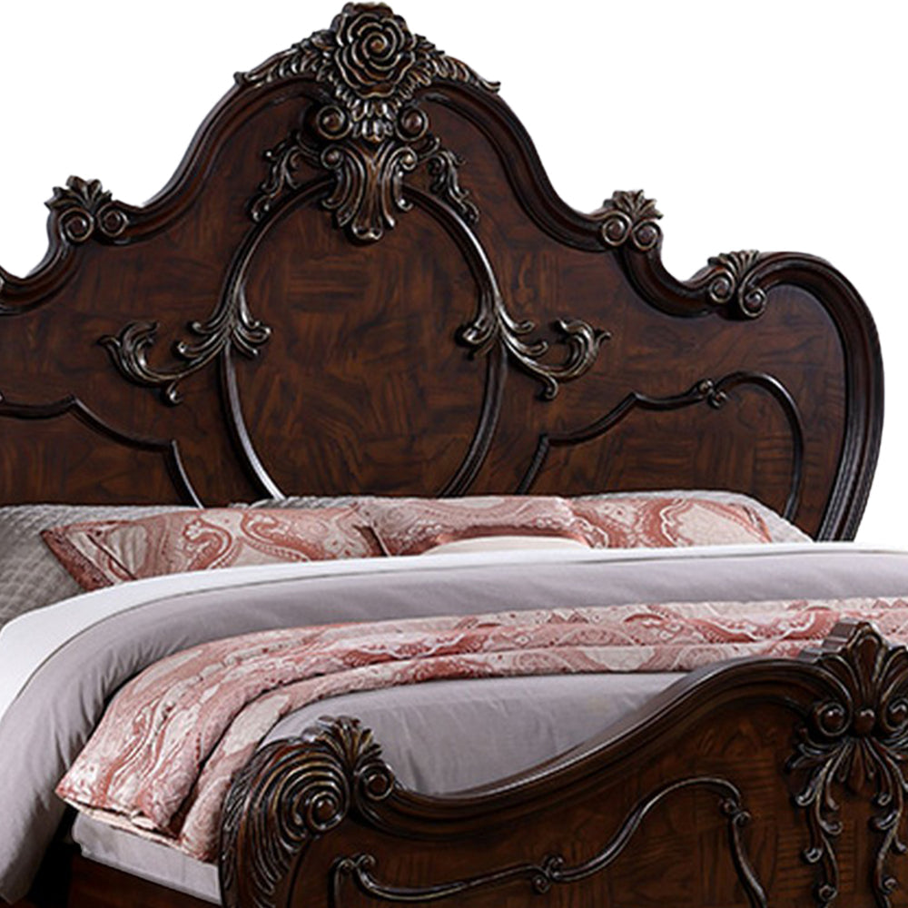 Rosy Queen Size Bed Carved Details Turned Legs Cherry Brown Solid Wood By Casagear Home BM319562