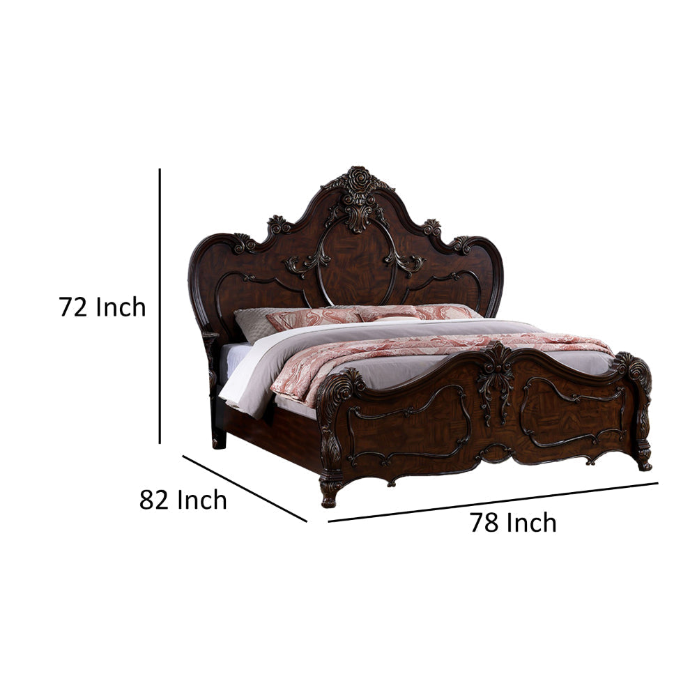 Rosy Queen Size Bed Carved Details Turned Legs Cherry Brown Solid Wood By Casagear Home BM319562