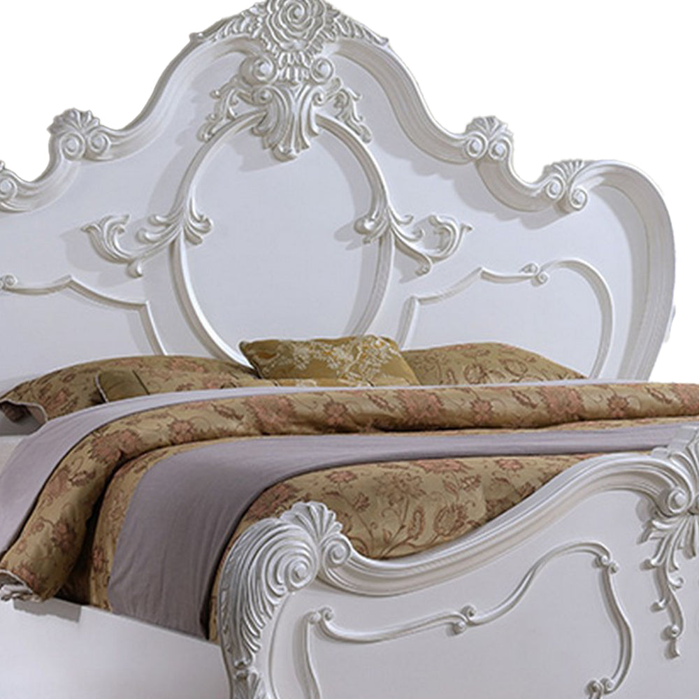 Rosy King Size Bed Carved Details Turned Legs White Solid Wood Frame By Casagear Home BM319563