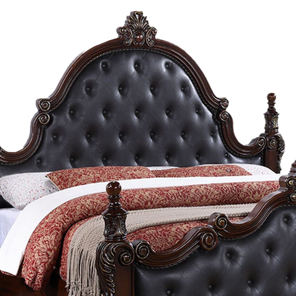 Moni King Bed Black Button Tufted Classical Upholstery Cherry Brown Wood By Casagear Home BM319565