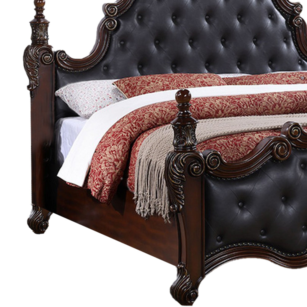 Moni King Bed Black Button Tufted Classical Upholstery Cherry Brown Wood By Casagear Home BM319565