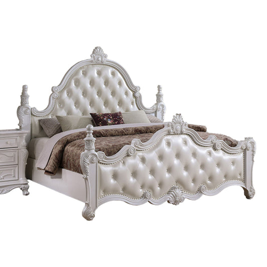 Moni King Bed, White Button Tufted Traditional Upholstery, Solid Wood By Casagear Home